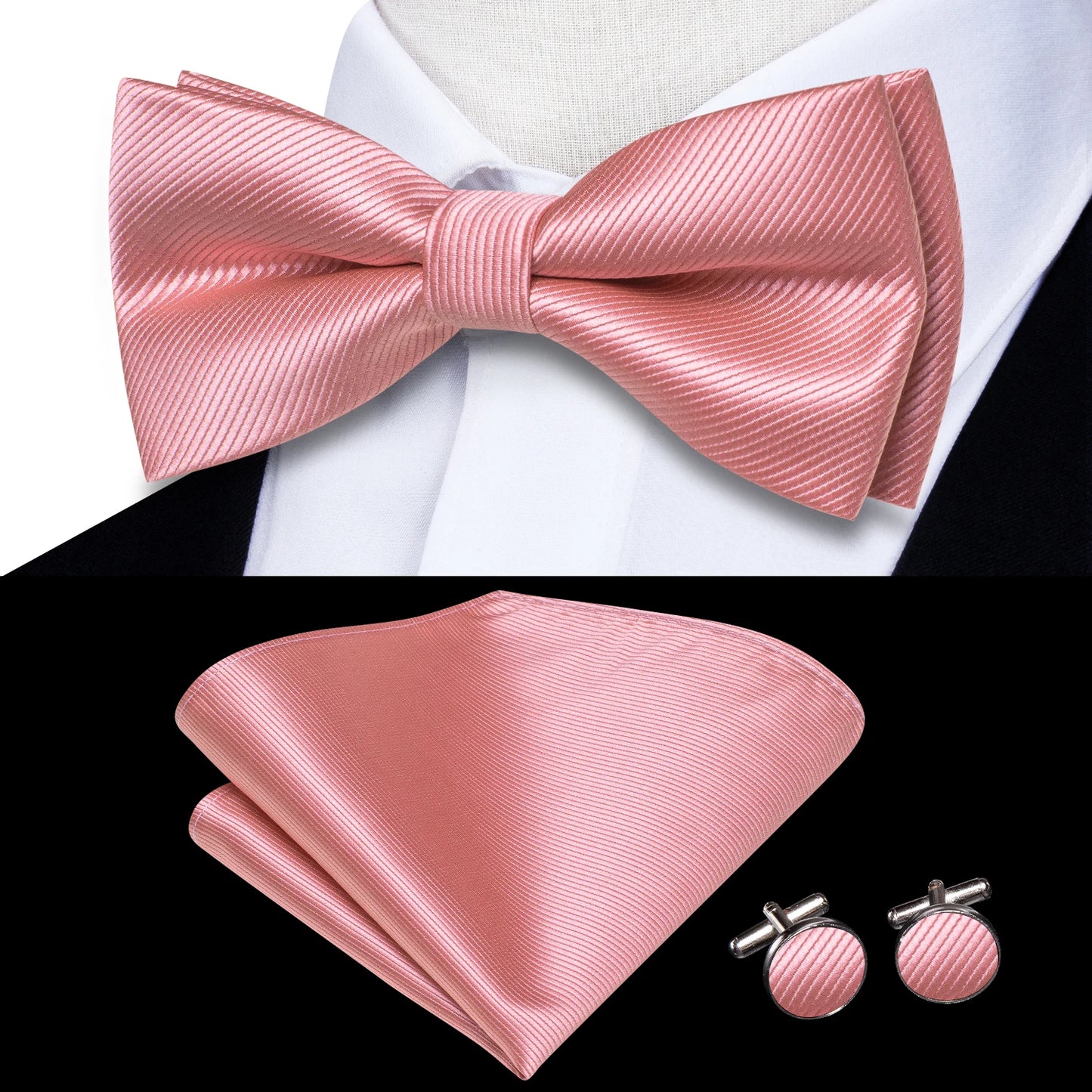 Hi-Tie Peach Pink Salmon Silk Mens Bow Tie Pocket Square Cufflinks Set Pre-tied Butterfly Knot Bowtie for Male Wedding Business