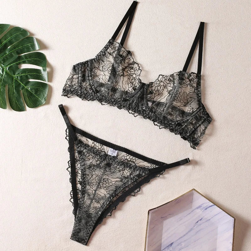 Embroidery with underwire bra briefs sexy women black sexy lace underwear set