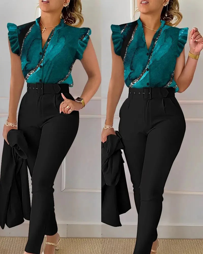 Elegant Women Two Piece Set Suits New Fashion Printed Ruffle Sleeve Top Solid Color Pants Set With Belt  Blouses Female Clothing