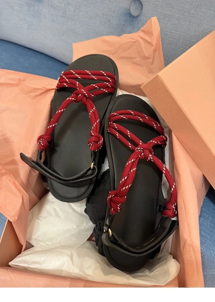 Damen Seil-Knoten Zehentrenner Sandalen - Weiche Sohle Komfort Sommer - Geflochtene Riemen Fashion Sandalen