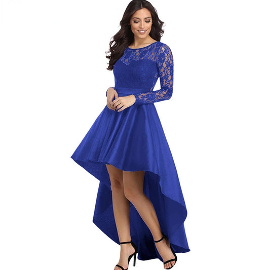 New Spring Elegant Dresses for Women Long Sleeve Lace High Low Satin Prom Evening Dress Cocktail Party Gowns Vestido Feminino