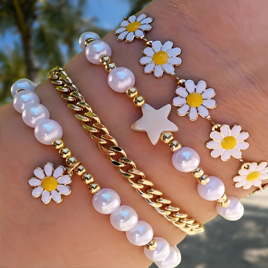 17KMCN Daisy Armband Set Boho - 4 Stück Perlen Emaille
