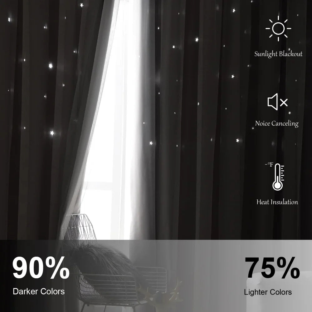 Blackout Curtains for Bedroom Double Layer Star Cutout Cute Curtain Grommet Top Window Curtain Panel for Living Room and Nursery