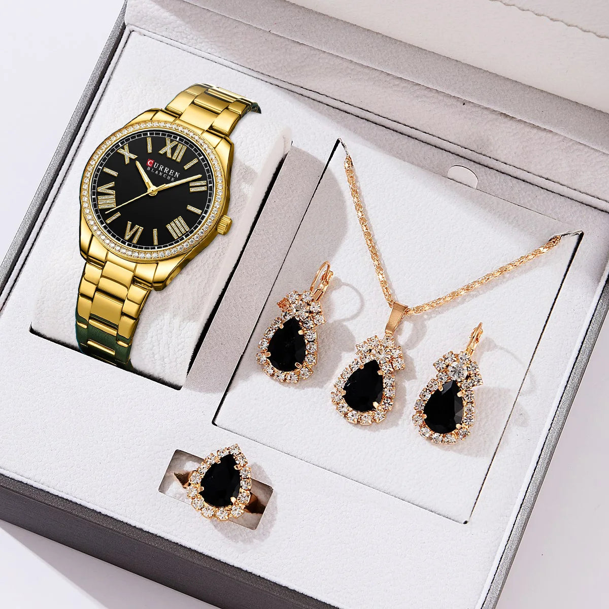 CURREN Luxus Uhr Damen Ring Halskette Ohrringe - Strass Mode Armbanduhr Weiblich Casual Damen Uhren Armband 5-teiliges Set