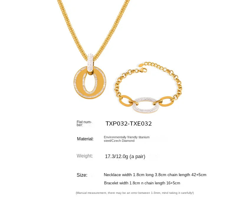 Luxus Strass Runder Anhänger Halskette - Edelstahl Goldplattiert Armband Schmuck Set - Damen Hochzeit Accessoires