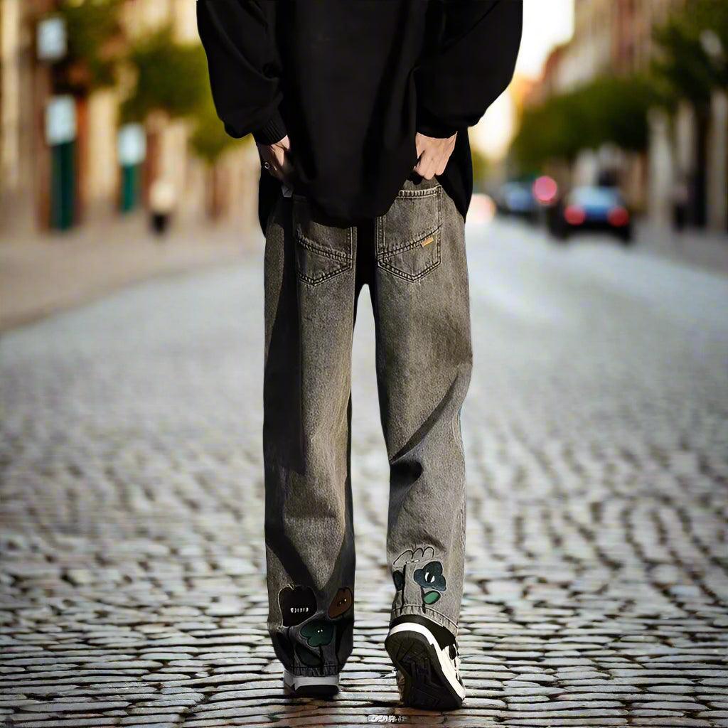 Flower baggy jeans streetwear casual denim wide-leg straight trousers