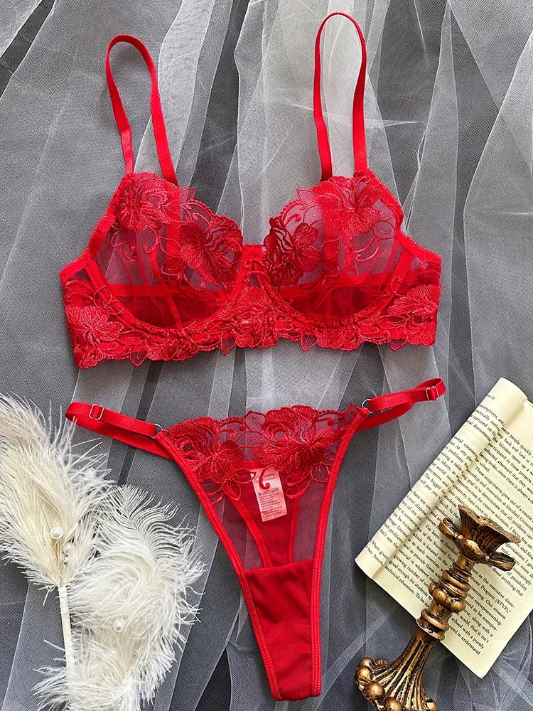 Floral Embroidery Bra and Panties Sets - Elegant Intimate Underwear