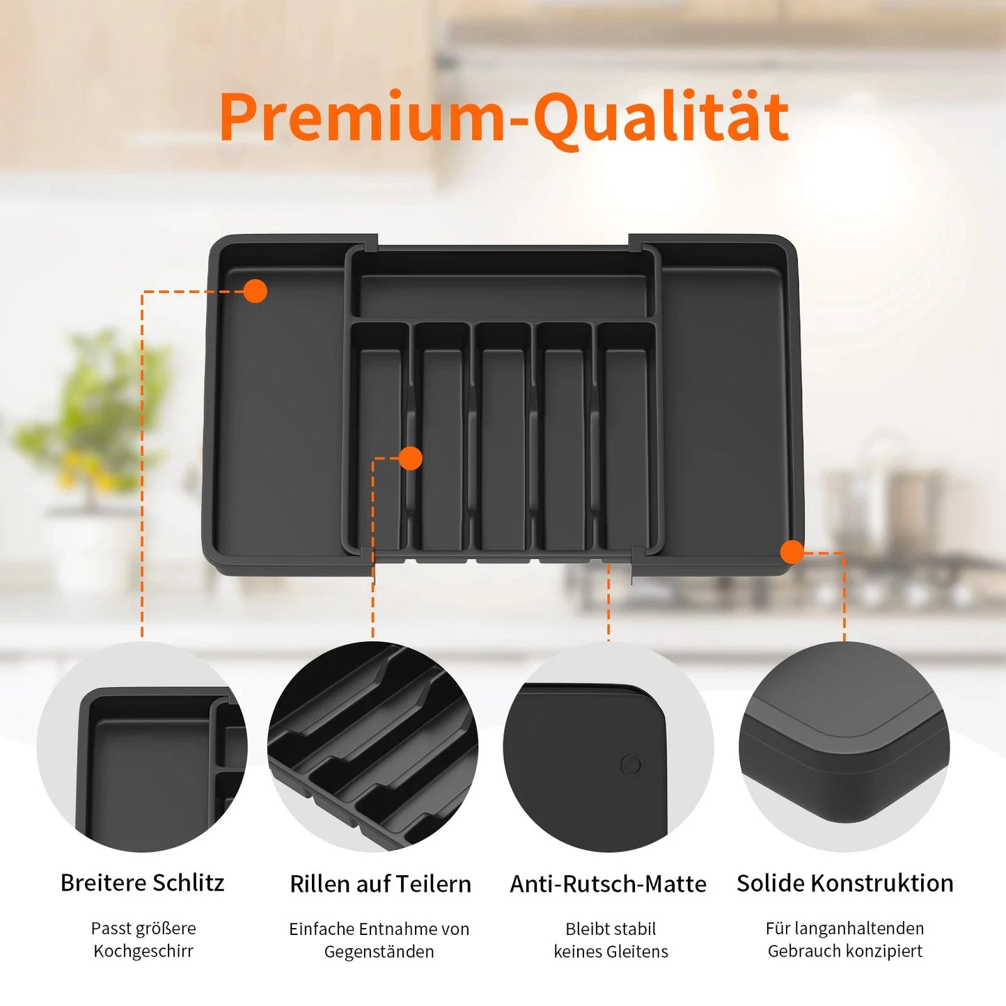 Verbessertes erweiterbares Besteck-Schubladentablett | Küchenutensilien-Organizer mit 6–8 Fächern | Besteck-Aufbewahrungsbox für Messer, Gabel, Löffel