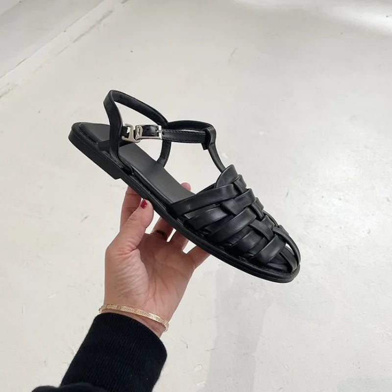 Frauen Flach Römisch Sandalen Sommer Neu Casual Runder Kopf Leicht Rutschfest Gewebt Schuhe Sommer Einfarbig Schnalle Hausschuhe