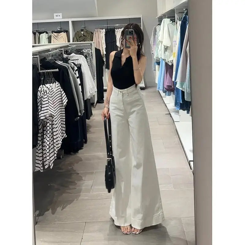 White Jeans with Pant Legs Women 2024 Spring New Temperament Korean Version of High Waist Loose Look Slim Wide Leg Pants Jeans
