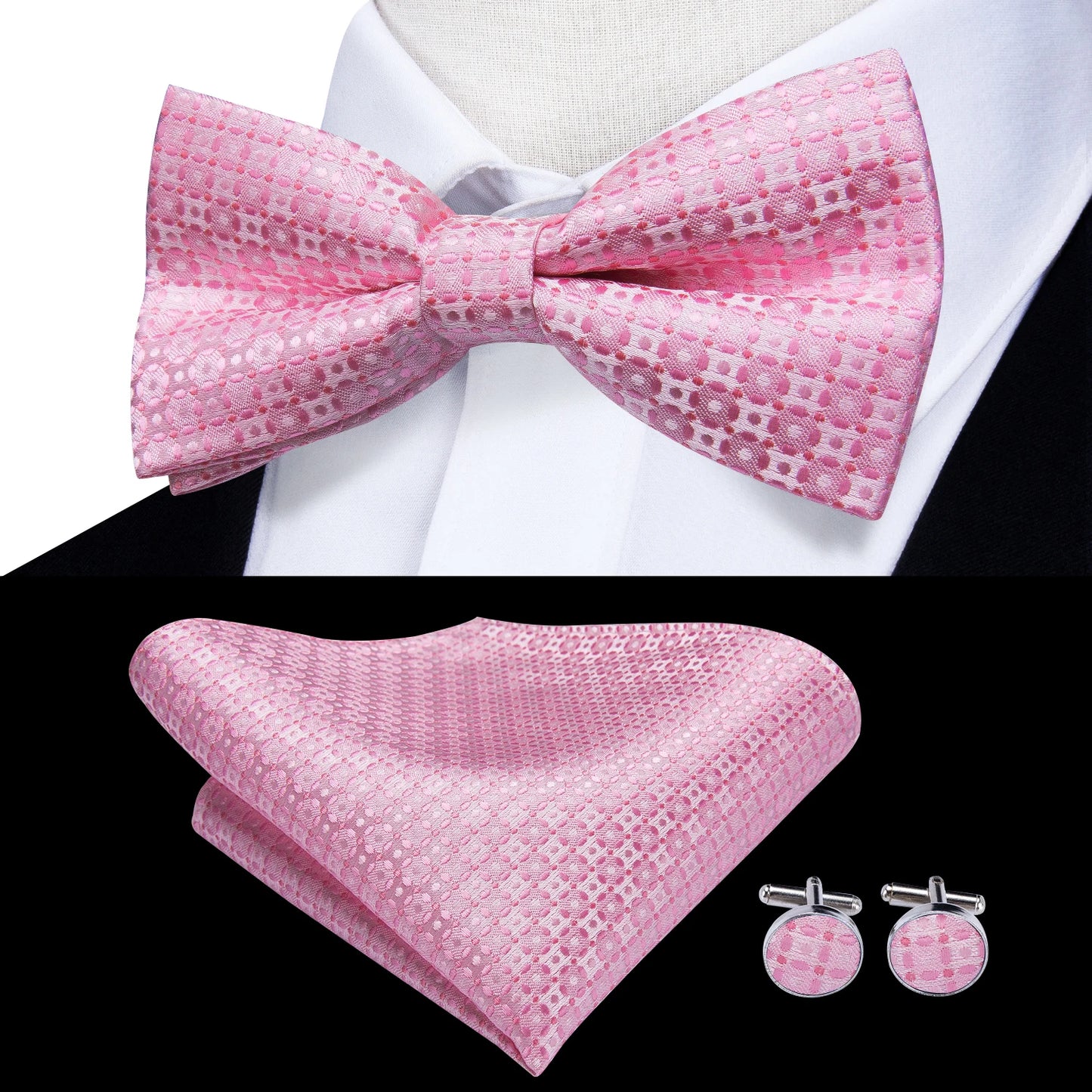 Hi-Tie Peach Pink Salmon Silk Mens Bow Tie Pocket Square Cufflinks Set Pre-tied Butterfly Knot Bowtie for Male Wedding Business
