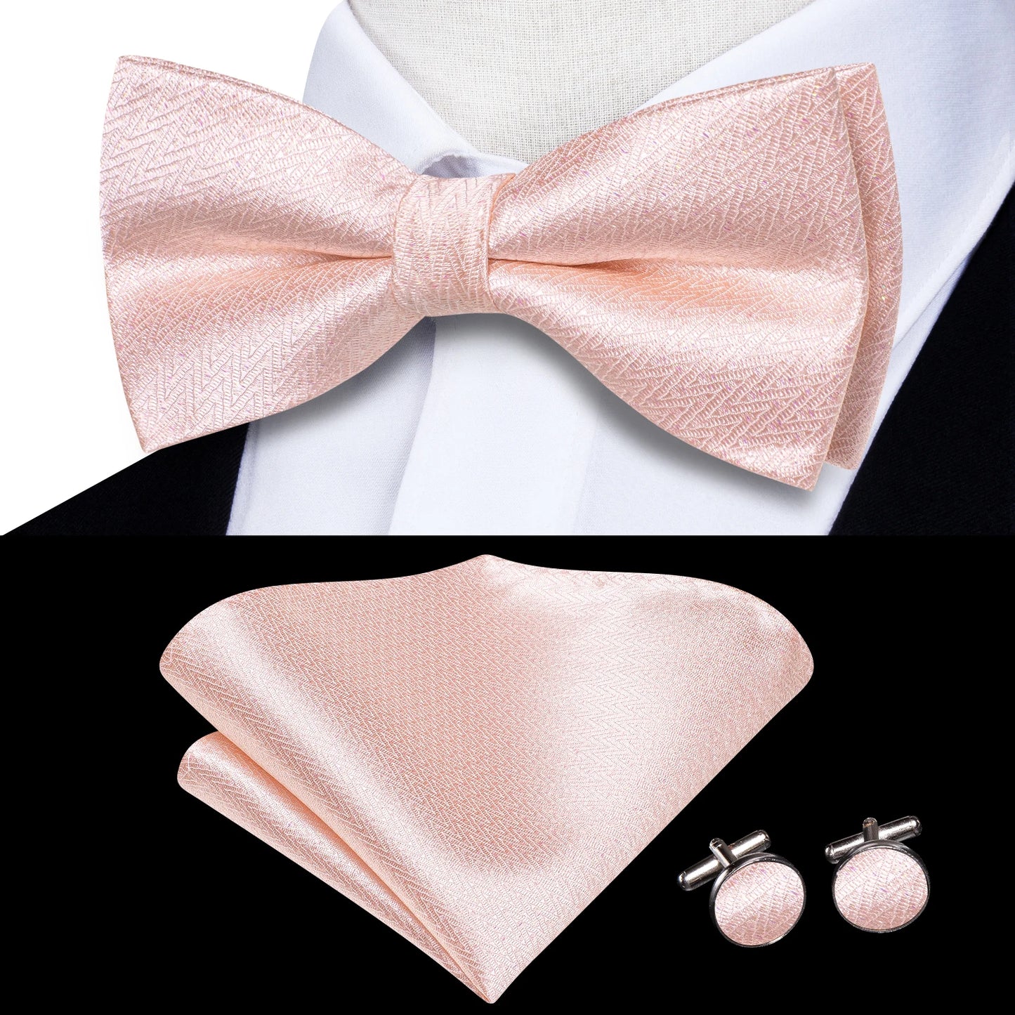 Hi-Tie Peach Pink Salmon Silk Mens Bow Tie Pocket Square Cufflinks Set Pre-tied Butterfly Knot Bowtie for Male Wedding Business