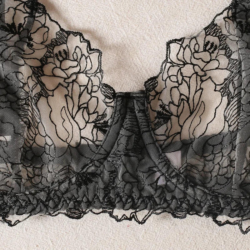 Embroidery with underwire bra briefs sexy women black sexy lace underwear set