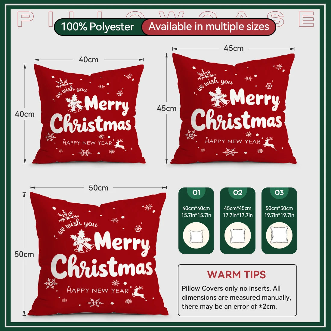 Red Christmas Decoration Pillowcase Printed Polyester 40/45/50cm Throw Pillowcover Decorative Sofa Cushion Pillowslip Home Decor