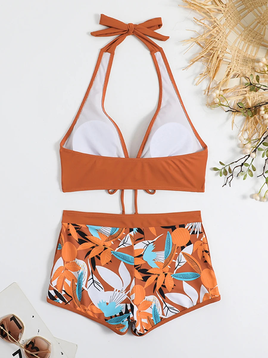 Halter Bikini Set Kurzer Schwimmanzug Frauen High Waist Bedruckte Bademode
