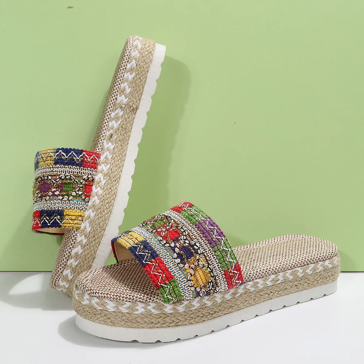 Gewebte Damen Pantoletten Platform - Sommer Schuhe für Damen 2025 Neu - Strand Casual Absatz Sandalen Bohemian Handgemacht Espadrilles