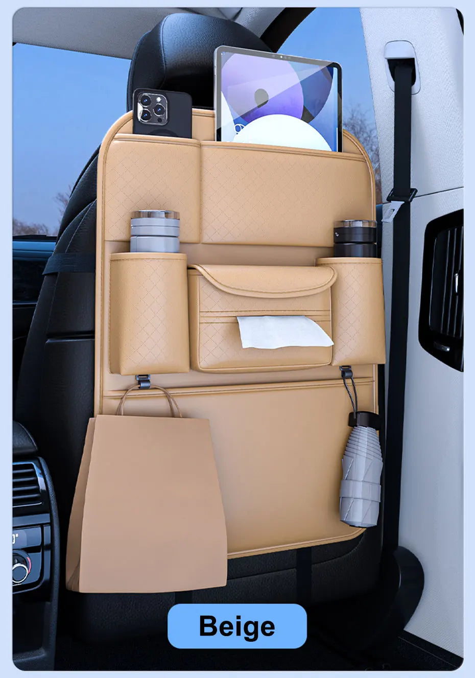 SEAMETAL Auto Sitzrücken Aufbewahrungstasche Multi-funktional Auto Getränk Handy Halter Tissue Tasche PU Leder Auto Organizer Tasche Zubehör