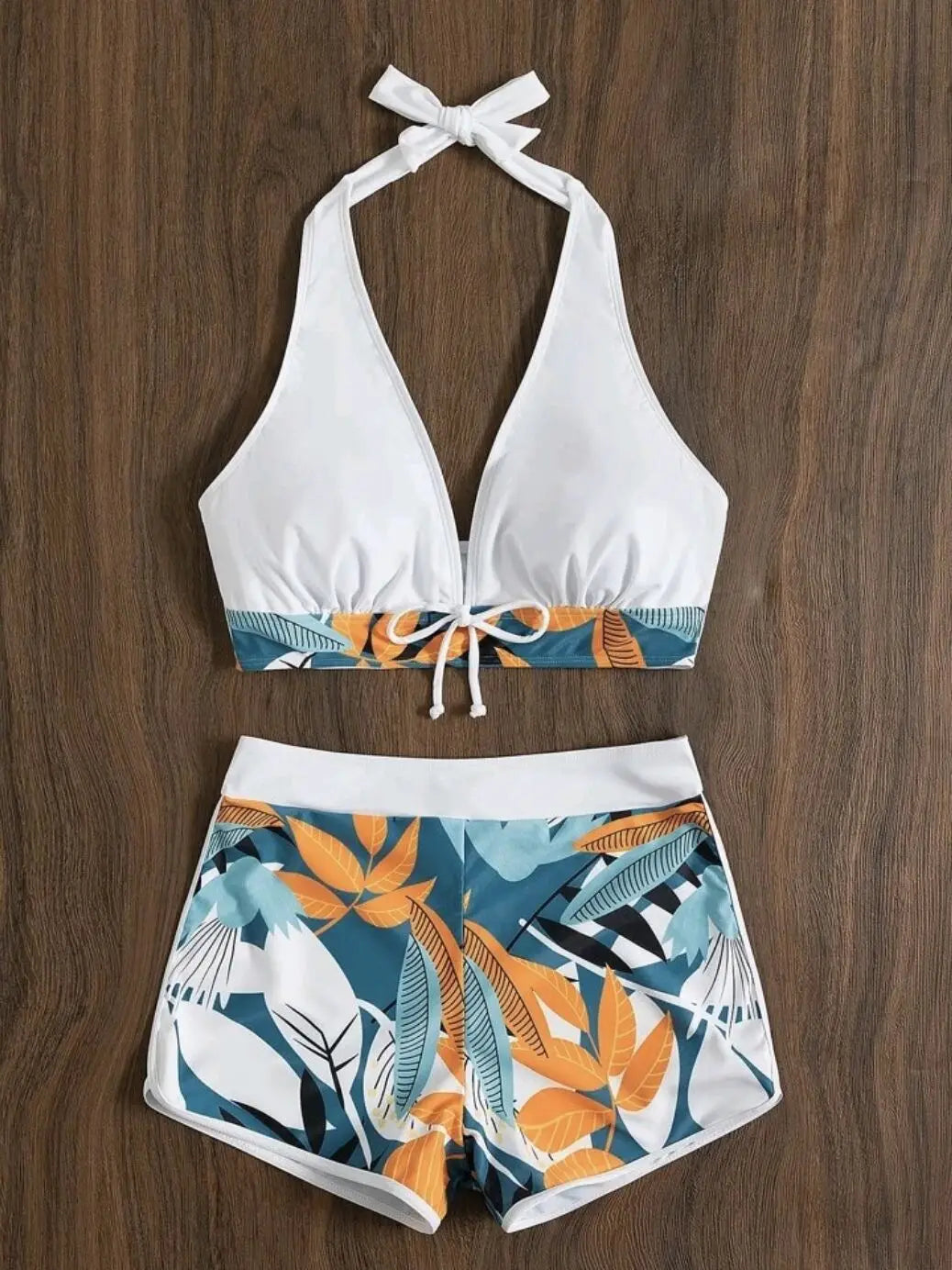 Halter Bikini Set Kurzer Schwimmanzug Frauen High Waist Bedruckte Bademode