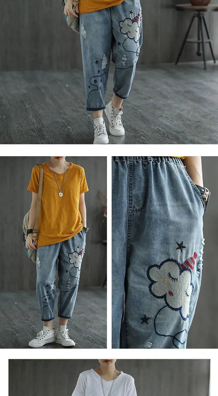 Embroidered Jeans Women Spring and Summer New Cropped Retro Casual Oversized Loose High Waisted Embroidered Slim and Versatile