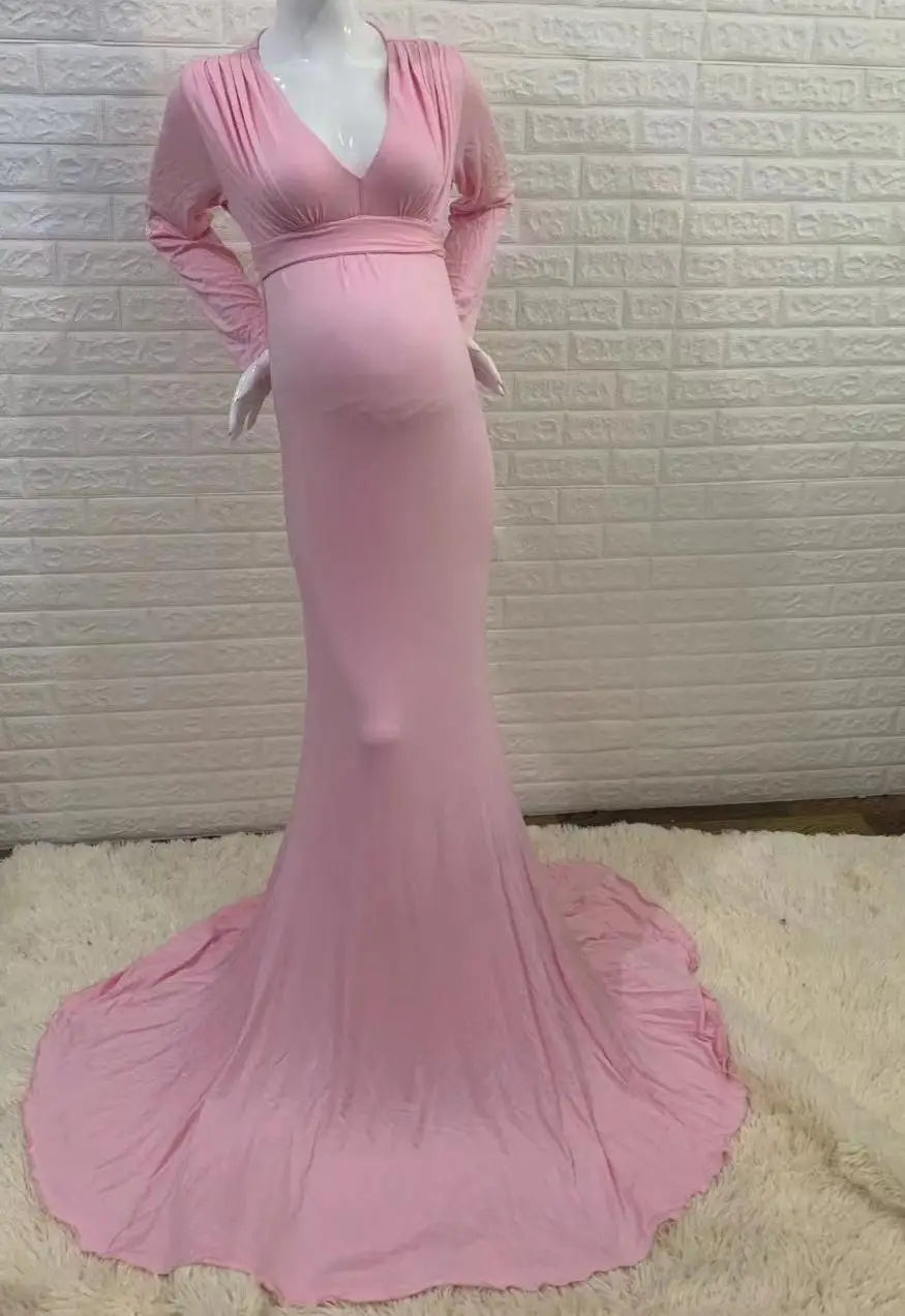 Women's Spring Autumn Maternity Dress Elegant Slim V-Neck Long Sleeve Mermaid Maxi Gowns for Photography Baby Shower Photoshoot