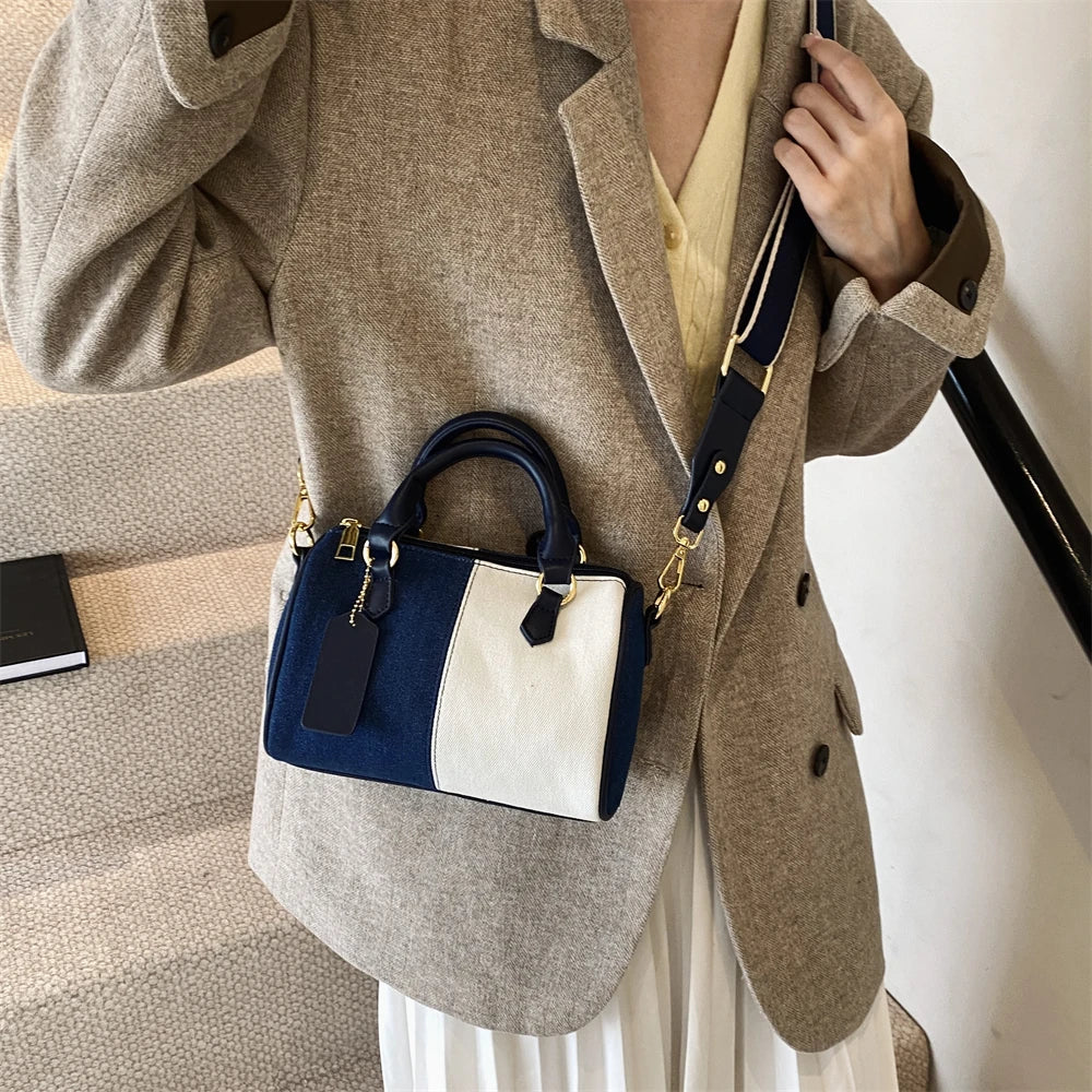 Genți de mână mini cu blocuri de culoare patchwork pentru femei, genți de umăr din denim, genți crossbody, geantă casual de stradă mică, geantă Boston, 2024, poșete de designer