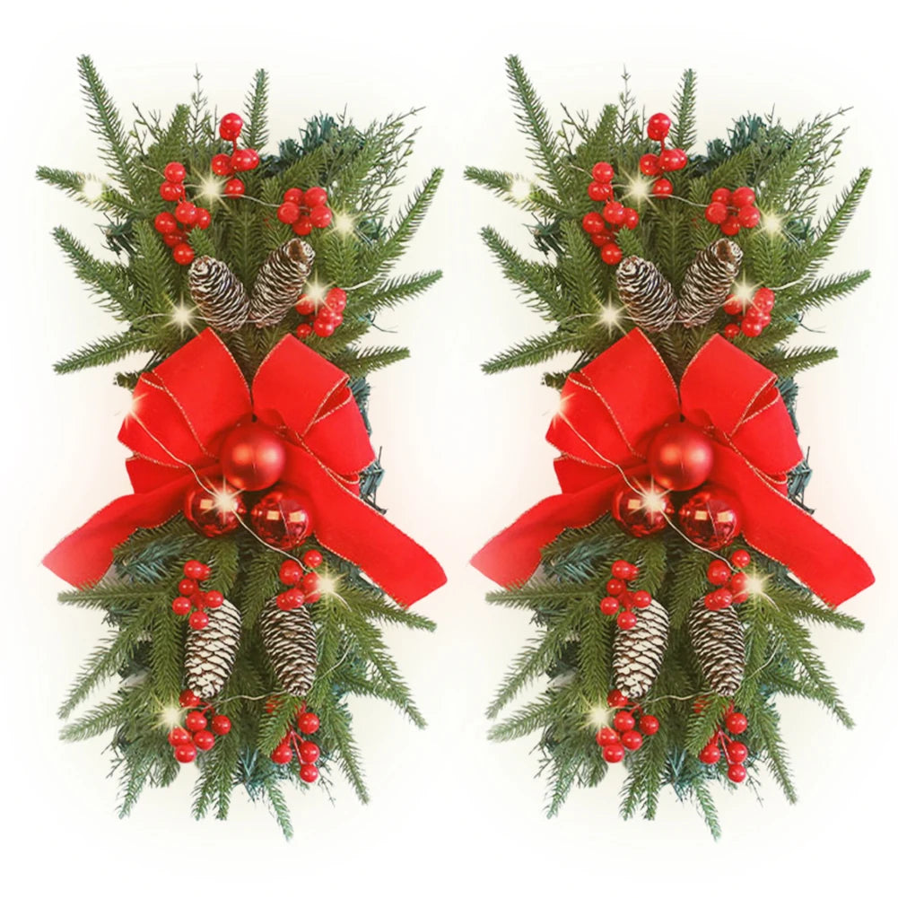 2 Stück Weihnachts-Swag mit roter Schleife, 45,7 cm, zum Aufhängen, Weihnachts-Tropfen-Swag, künstlicher Weihnachtskranz für Treppen- und Haustür-Dekoration