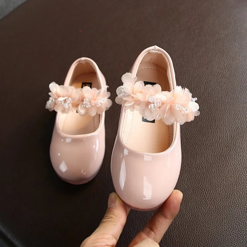 Kinder Leder Schuhe 2025 - Mädchen Pink Mesh Blume Perle - Prinzessin Party Schuhe Gummi Sohle Kleid Tanz Flach