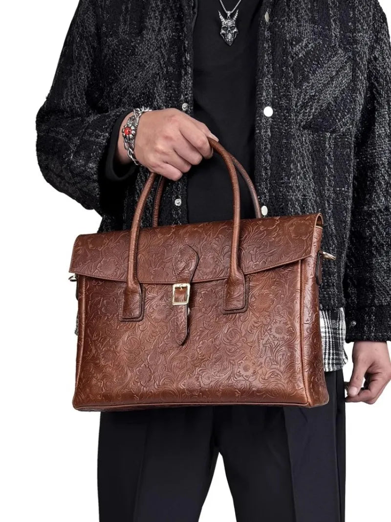 Vintage flower carved leather bag  single shoulder briefcase & business satchel