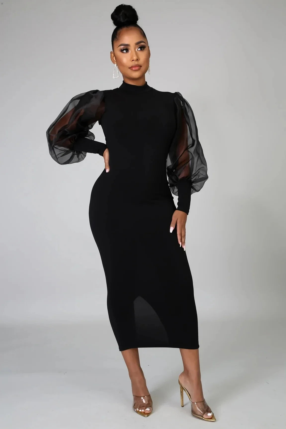 Elegant Spring Summer Dress for Women Long Sleeve Evening Gown Women Clothing Temperament Half High Collar Bodycon Dress Vestido