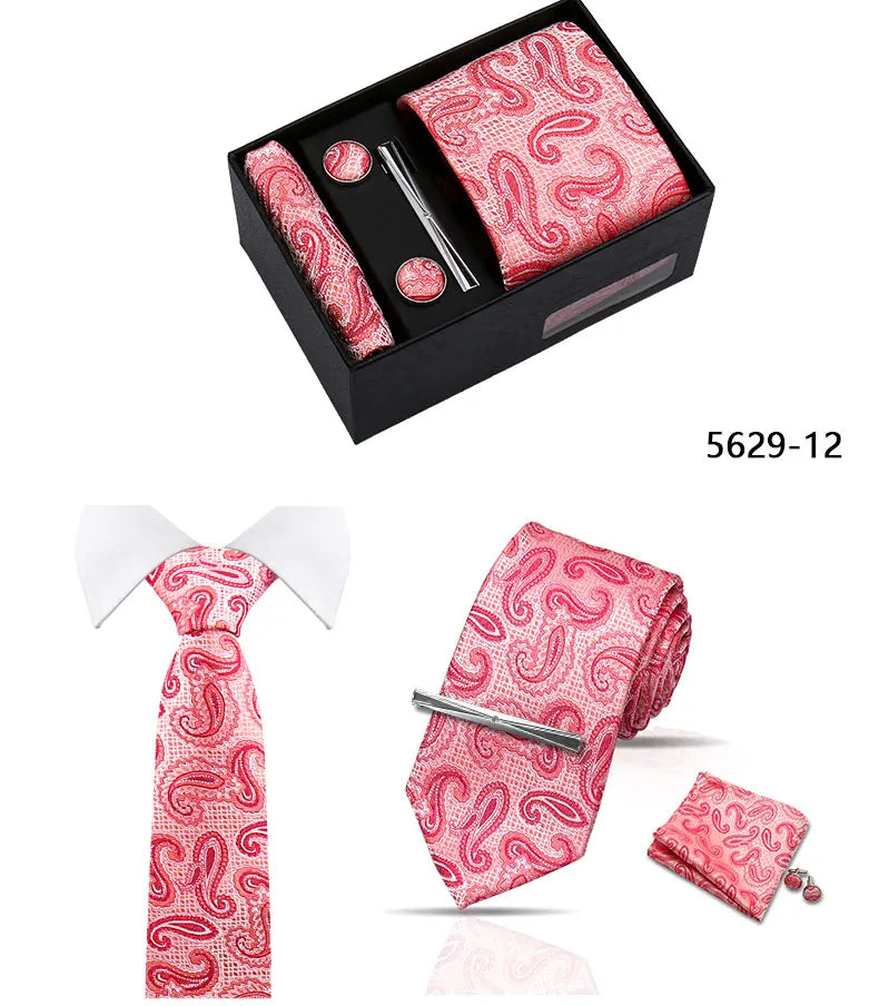 Elegant Men's Suit Necktie Gift Box Set Floral Tie Handchief Cufflinks Tie Clip 4-Piece Business Wedding Party Suit Accessories