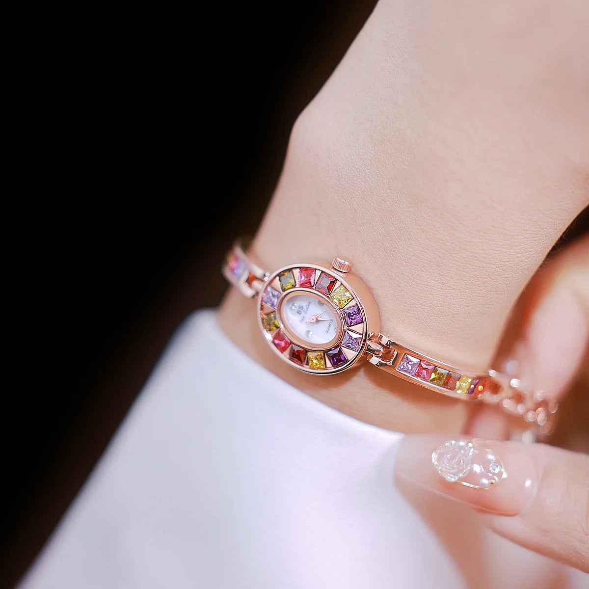 Womens Watch Luxury Fashion Quartz Wristwatches Colored Rhinestone Small Silver Bracelet Watches For Women Gifts