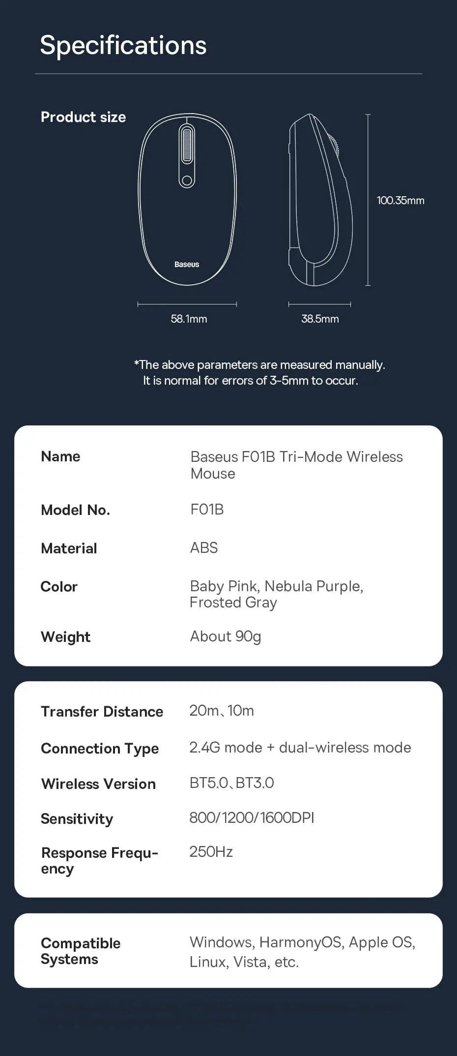 Baseus F01B Wireless Bluetooth 5.0 Maus - 1600 DPI, Silent Click, für MacBook, Tablet, Laptop, PC und Gaming