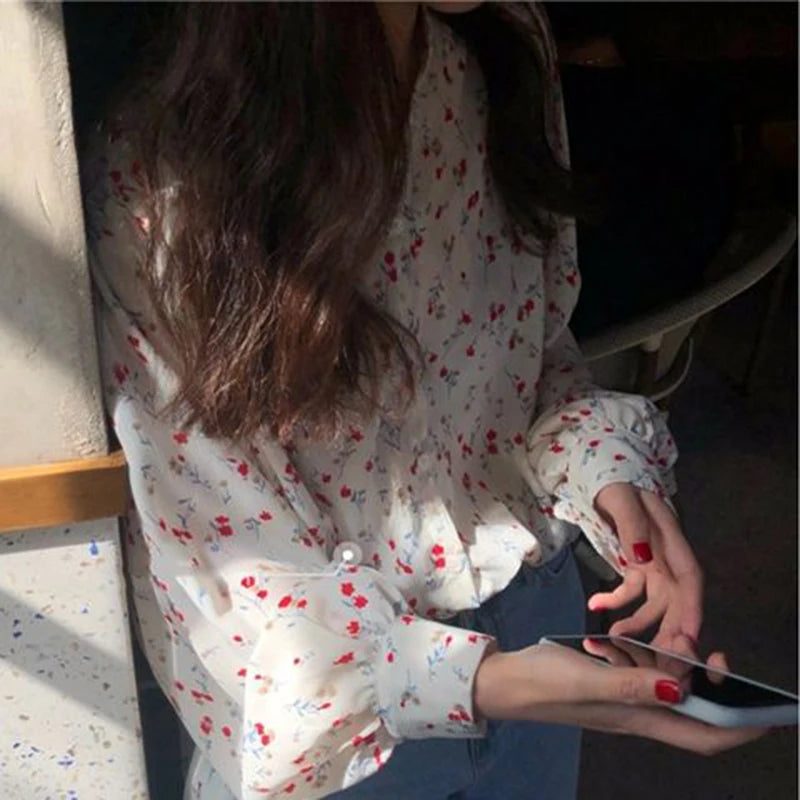 Elegant Floral Delicate Charm Blouse Women Chiffon Sweetheart Puff Sleeves Shirt Office Ready O Neck Single Breasted Tops