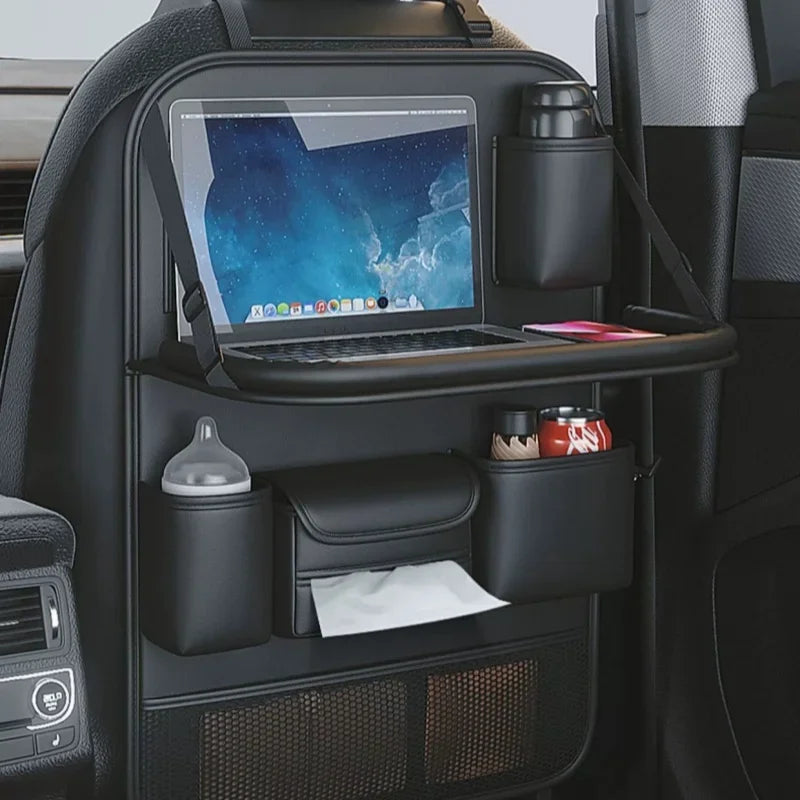 Car Seat Storage Bag Auto Back Seat Back Organizer with Foldable Table Tray PU Leather Tablet Holder Tissue Box Car Accessories
