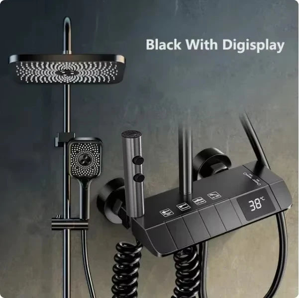 NONEM copper shower faucet set with digital display, four functions, includes rainfall shower head and sprayer.