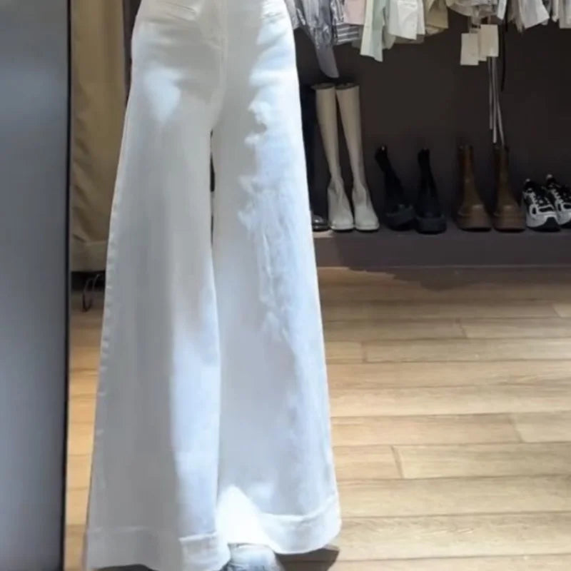 White Jeans with Pant Legs Women 2024 Spring New Temperament Korean Version of High Waist Loose Look Slim Wide Leg Pants Jeans