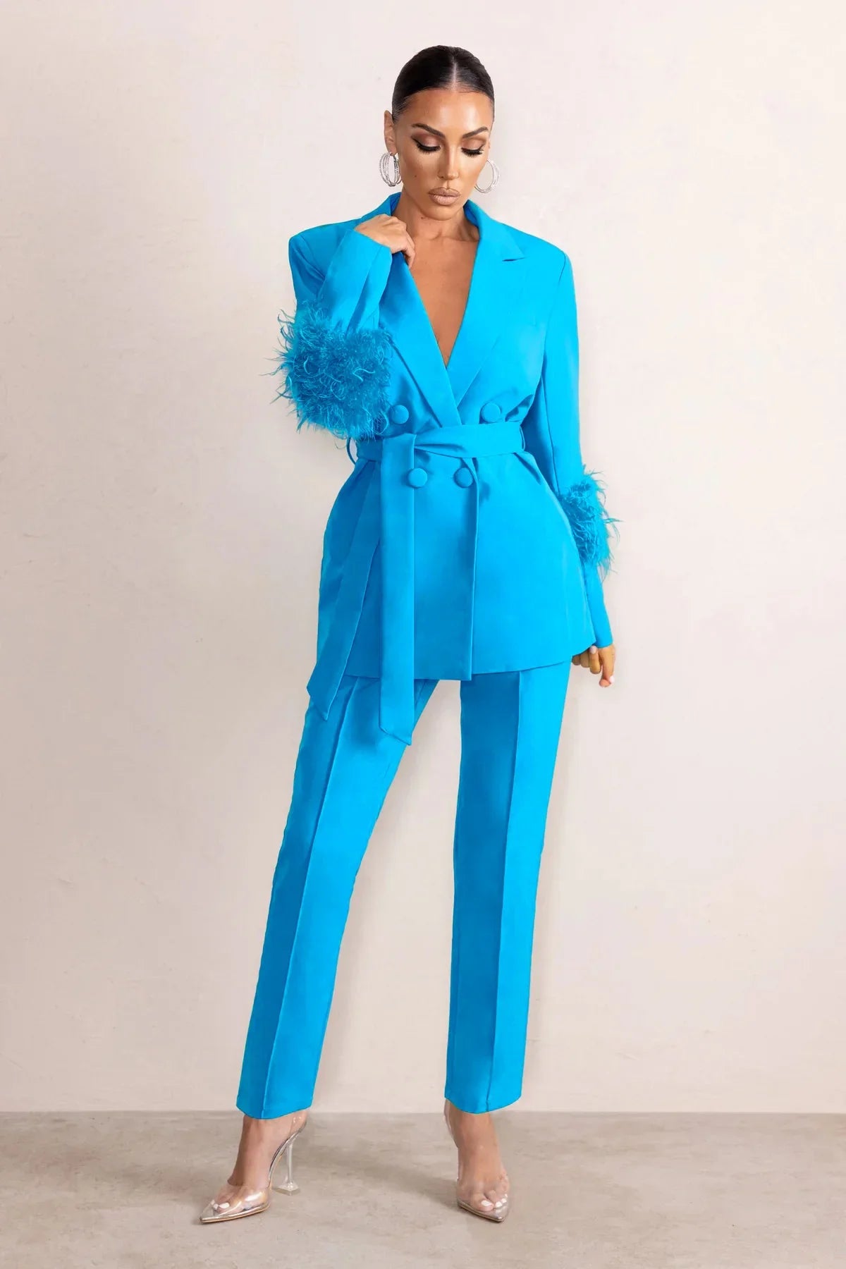 Elegant Women 2 Piece Set Solid Notched Neck Blazer Zipper Long Pants Feather Upright Coat Ladies Suit Fall Winter Office Wear