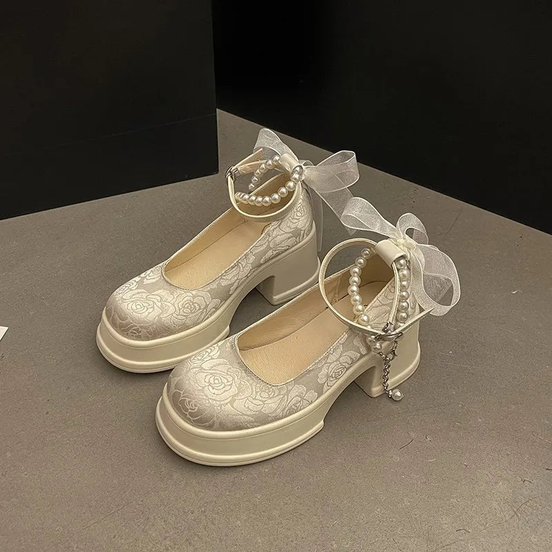 Frühling Damen Dicke Platform Mary Janes 2025 - Lolita Schuhe Sommer - Schleife Kette Party Pumps Oxford Schuhe