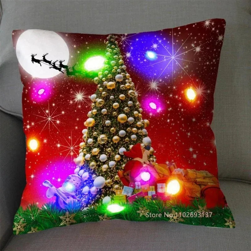 Christmas Pillowcase Decorations Home Cushion Cover LED Light 45x45cm Xmas Pillow Cover for Bedroom & Living Room Party Decor