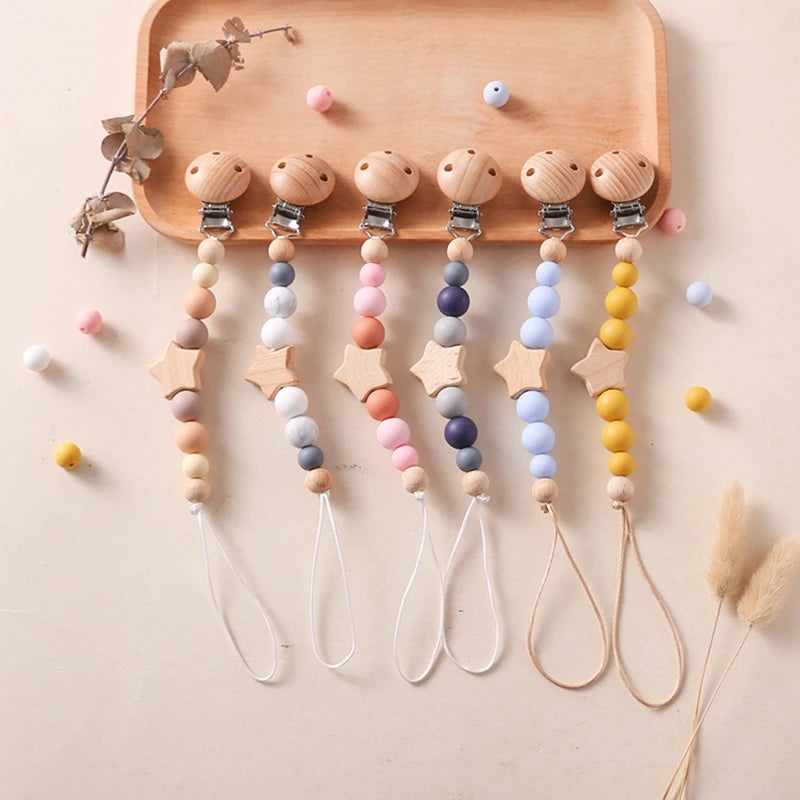 Baby Pacifier Chain Star Customizable Beads Wooden Pacifier Clips BPA Free Handmade Holder Chain Infant Nursing Teether Chain