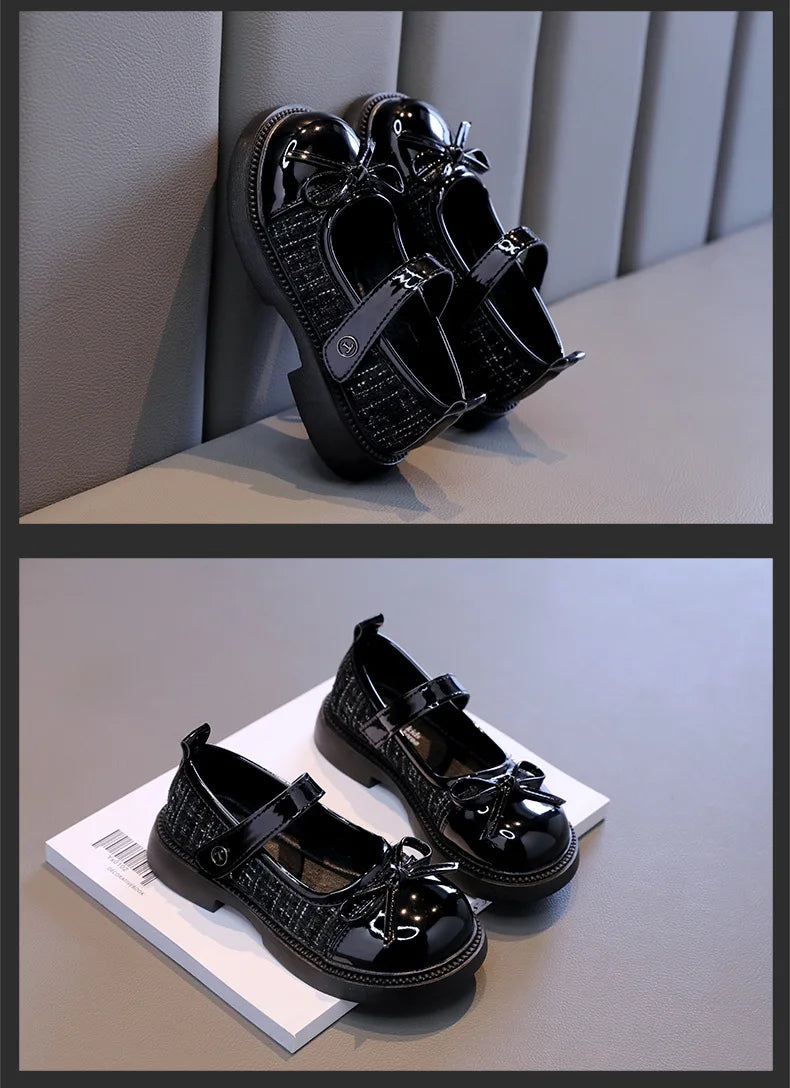 Mädchen Leder Schuhe Mode Schleife - Rutschfest Weiche Sohle Neue 2025 Herbst - Kariert PU Leder Outdoor Kinder Casual Flats