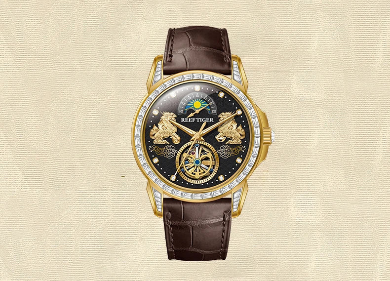 Reef tiger automatic watch rose gold pixiu dial diamond bezel leather strap