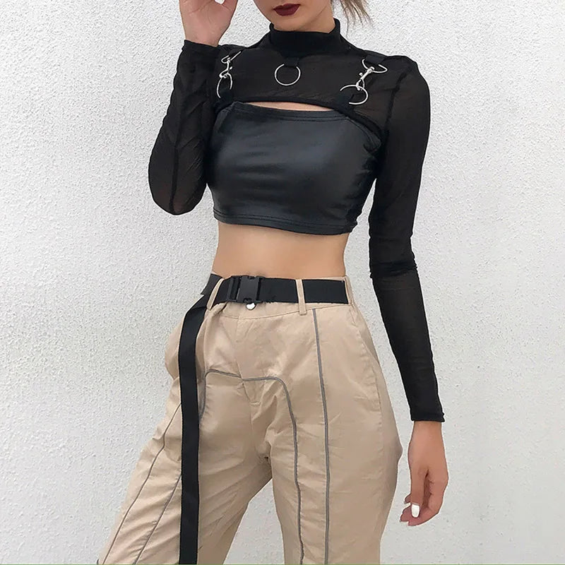 Women T-Shirt Sexy Hip Hop Gothic Lady Micro Short Metal Chain Lace See-through Mesh Long Sleeve Turtleneck Hot Tops