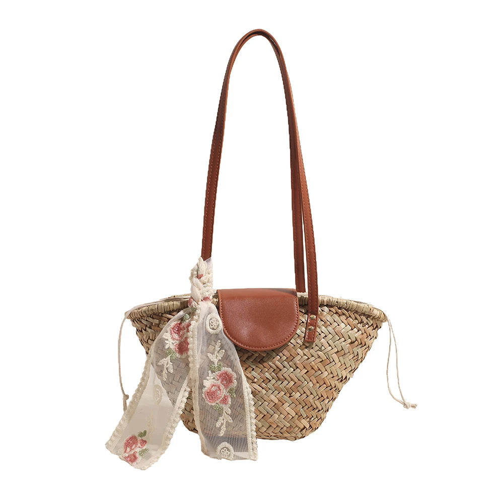 Women Straw Woven Tote Bag Summer Beach Bags Large Capacity Tote Clutch Bags with Ribbon Chic Hobo Bag for Party Vacation