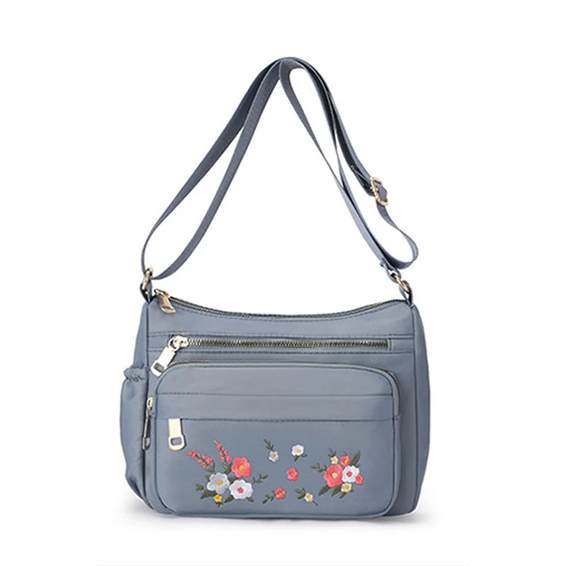 Casual Crossbody Backpack Ladies Oxford Cloth Shoulder Bag Fashion Embroidery Flower Zipper Travel Handbag