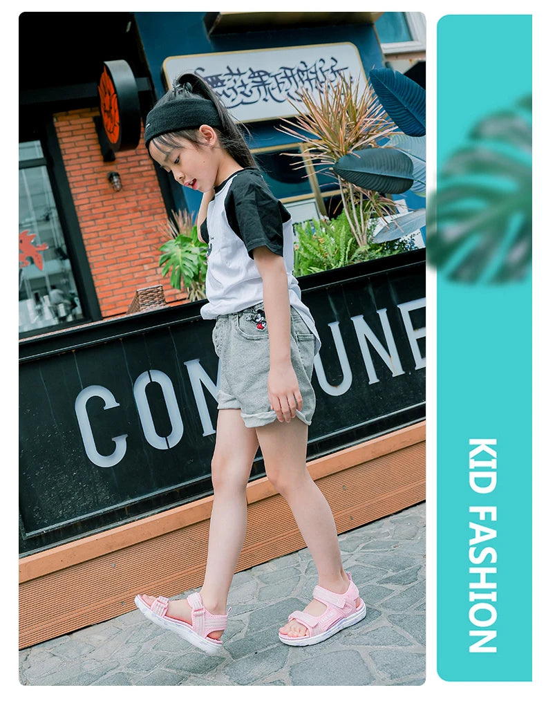 Sandalen Mädchen 2025 - Weiche Sohlen Casual Schuhe Modische Prinzessin - Neue Blumen Rosa Flache Schuhe Rutschfest Strand Kinder 7-13J
