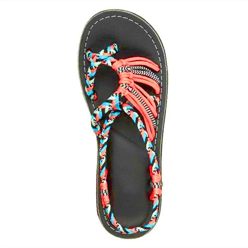 Women Summer Flip Flop Sandals Shoes Mixed Color Matching Rope Knot Beach Toe Roman Sandals Casual Comfortable Plus Size Shoes