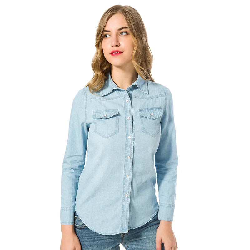 Herbst Denim Hemd Damen - Himmelblau Langarm Regular Taschen