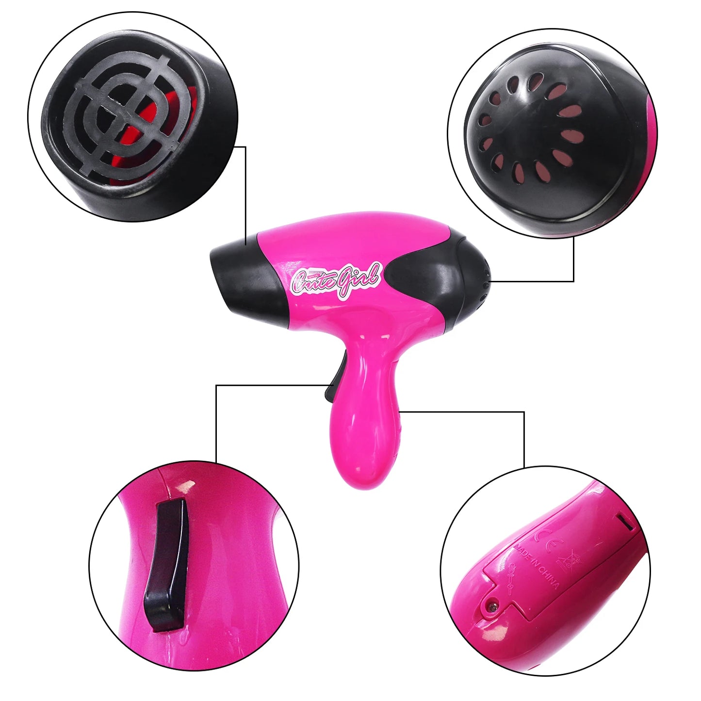 Makeup-Tools, Haartrockner, Haartrocknerklipsen, bunte Lichtsimulierung 1:1 Kinderpflege-Spielzeuge, Mädchen, Familienspielzeuge