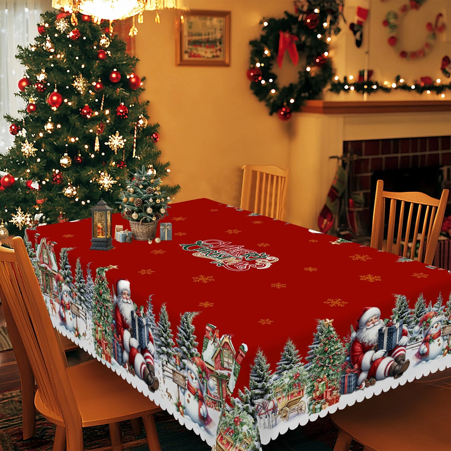 Christmas Tree Santa Claus Snowman Tablecloth for Table Decor Winter Snowflake Kitchen Dining Table Cloth Christmas Decorations